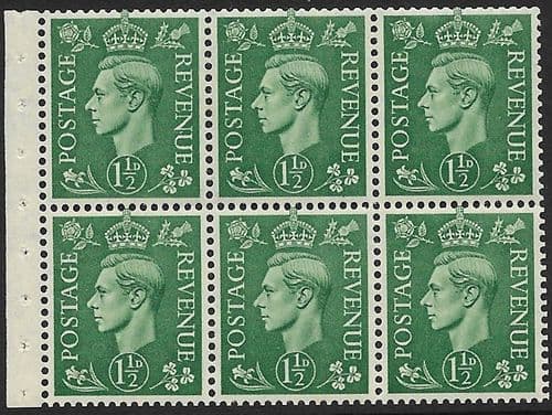 QB26 SG505b 1½d Pale Green George VI Stamp Booklet Pane Perf I Unmounted Mint (Stock P0053)