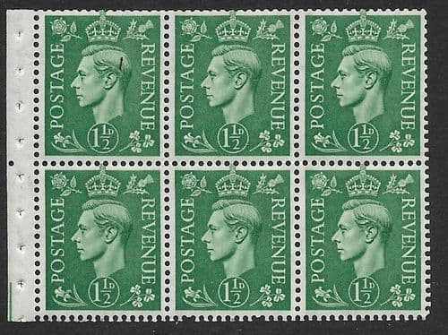 QB26 SG505b 1½d Pale Green George VI Stamp Booklet Pane Perf Ie Unmounted Mint (Stock P0009)