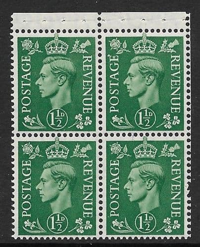 QB27 SG505c 1½d Pale Green George VI Stamp Booklet Pane Perf P Unmounted Mint (Stock P0070)