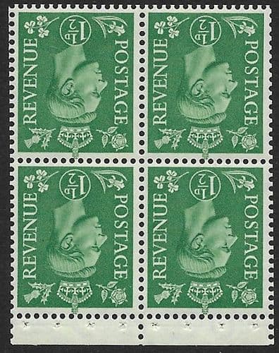 QB27b SG505c 1½d Pale Green George VI Stamp Booklet Pane Perf P Unmounted Mint (Stock P0054)