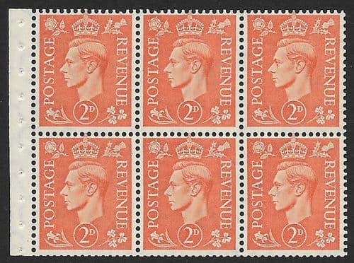 QB30 SG488e 2d Pale Orange George VI Stamp Booklet Pane Perf I Unmounted Mint (Stock P0062)