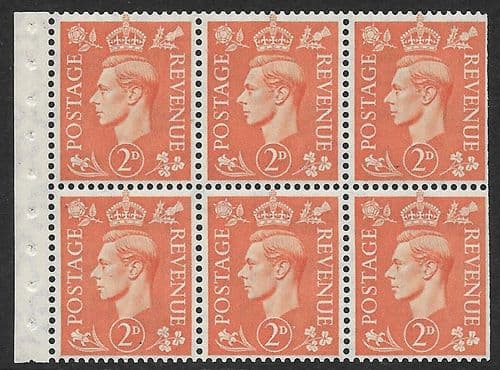 QB30 SG488e 2d Pale Orange George VI Stamp Booklet Pane Perf I Unmounted Mint (Stock P0023)