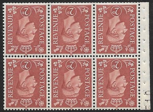QB31a SG506dw 2d Pale Red-Brown George VI Stamp Booklet Pane Perf I Unmounted Mint (Stock P0052)