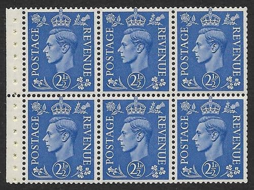 QB33 SG489f 2½d Light Ultramarine George VI Stamp Booklet Pane Perf P Unmounted Mint (Stock P0021)