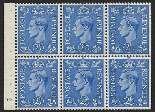 QB33 SG489f CYLINDER J16 2½d Light Ultramarine Booklet Pane Perf I Unmounted Mint (Stock P0051)