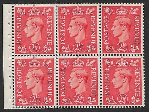 QB34 SG507c 2½d Pale Scarlet George VI Stamp Booklet Pane Perf I Unmounted Mint (Stock P0007)