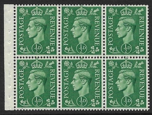 QB4 SG485c ½d Pale Green King George VI Stamp Booklet Pane Perf I Unmounted Mint (Stock P0063)