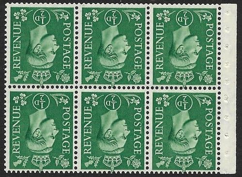 QB4a SG485cw ½d Pale Green King George VI Stamp Booklet Pane Perf I Unmounted Mint (Stock P0050)