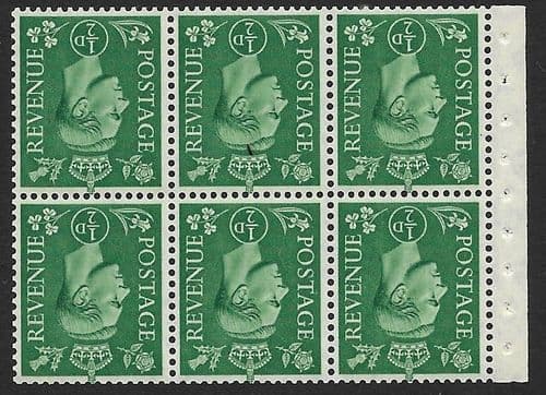 QB4a SG485cw ½d Pale Green King George VI Stamp Booklet Pane Perf I Unmounted Mint (Stock P0060)