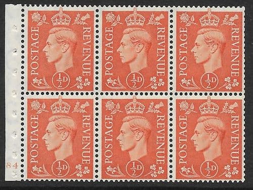 QB7 SG503d ½d Pale Orange Cylinder E84 Stamp Booklet Pane Perf I Unmounted Mint (Stock P0013)