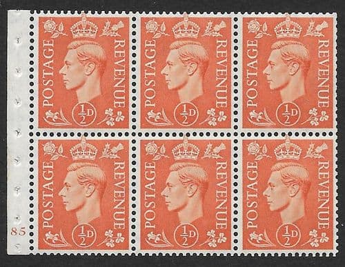 QB7 SG503d ½d Pale Orange Cylinder E85 Stamp Booklet Pane Perf I Unmounted Mint (Stock P0014)