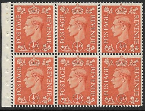 QB7 SG503d ½d Pale Orange George VI Stamp Booklet Pane Perf I Unmounted Mint (Stock P0076)