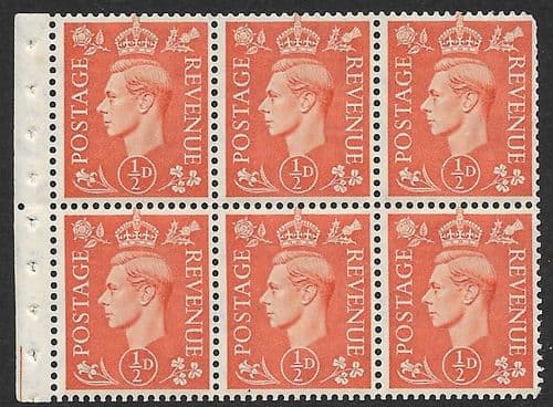 QB7 SG503d ½d Pale Orange George VI Stamp Booklet Pane Perf Ie Unmounted Mint (Stock P0011)