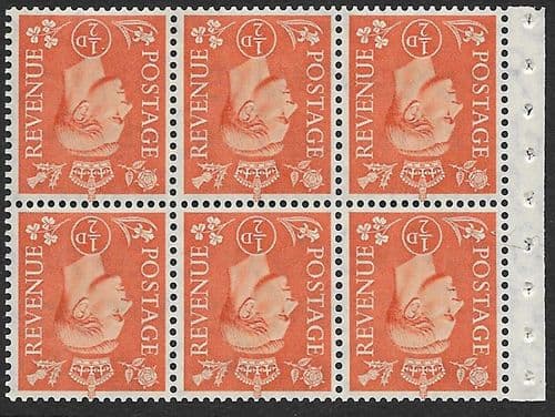 QB7a SG503d ½d Pale Orange George VI Stamp Booklet Pane Perf I Unmounted Mint (Stock P0012)