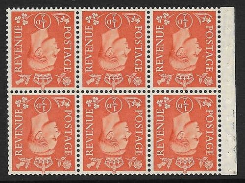QB7a SG503dw ½d Pale Orange George VI Stamp Booklet Pane Perf I Unmounted Mint (Stock P0044)