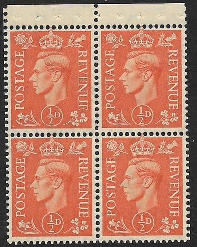 QB8 SG503e ½d Pale Orange George VI Stamp Booklet Pane Perf P Unmounted Mint (Stock P0045)