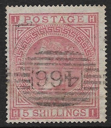 SG126 5/- Rose H-I  Plate 1 Fine Used (Maltese Cross Watermark)