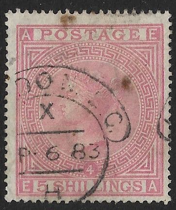 SG134 5/- RoseE-A Lightly Used with Tone Spots (Large Anchor Watermark)