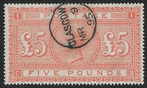 SG137 £5 Orange Stamp C-B Very Fine Used No Faults