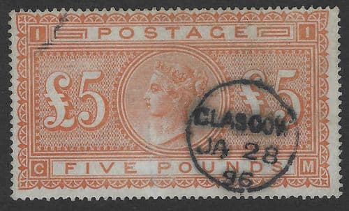 SG137 £5 Orange Stamp C-M Glasgow cds