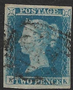 SG14 1841 2d Blue Plate 4  K-K 4 Margins