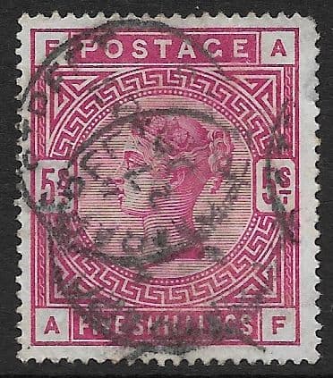 SG180 5/- Rose Used Stamp A-F (Corner Fault)