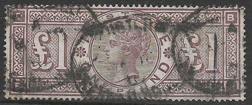 SG185 £1 Brown-Lilac (Crowns Watermark) Good Used Stamp B-D