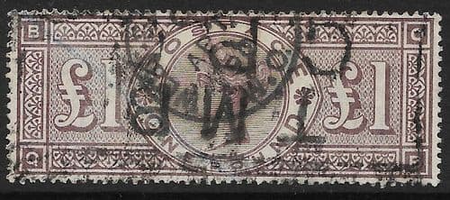 SG185 £1 Brown-Lilac (Crowns Watermark) Good Used Stamp Q-B