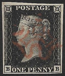 SG2 1840 Penny Black Plate 1b B-B 4 Margin