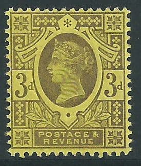 SG202 3d Purple on Yellow Paper 1887 Jubilee Issue Unmounted Mint (Queen Victoria Surface Printed Stamps)