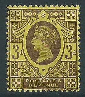SG203 3d Deep Purple on Yellow 1887 Jubilee MOUNTED Mint (Queen Victoria Surface Printed Stamps)