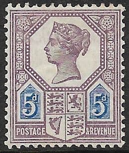 SG207 5d Purple & Blue Die I 1887 Jubilee Issue MOUNTED Mint (Queen Victoria Surface Printed Stamps)