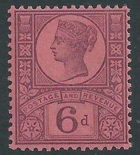 SG208 6d Purple on Rose Red Paper 1887 Jubilee Issue Unmounted Mint (Queen Victoria Surface Printed Stamps)