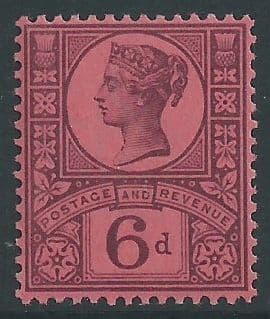 SG208a 6d Deep Purple on Rose Red 1887 Jubilee MOUNTED Mint (Queen Victoria Surface Printed Stamps)