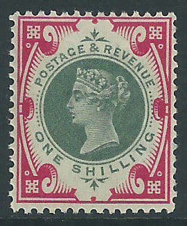 SG214 1/- Green & Carmine 1887-1900 Jubilee Issue MOUNTED Mint (Queen Victoria Surface Printed Stamps)
