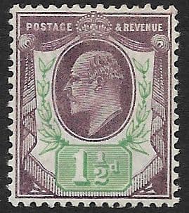 SG222 1½d Slate Purple & Green DLR Ordinary Paper MOUNTED MINT (Edward VII Stamps)