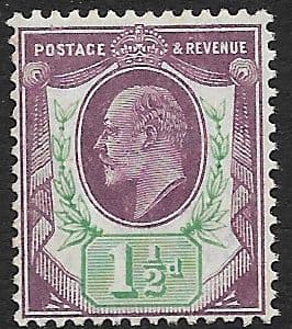 SG223 1½d Pale Dull Purple & Green DLR Chalk Surface Paper MOUNTED MINT (Edward VII Stamps)
