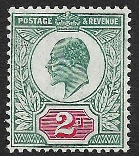 SG227 2d Pale Grey Green & Carmine Red DLR Chalk Surface Paper Unmounted Mint (Edward VII Stamps)