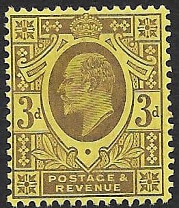 SG232a 3d Dull Purple/Orange Yellow DLR Chalk Surface Paper Unmounted Mint (Edward VII Stamps)