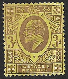 SG233 3d Dull Reddish Purple/ Yellow DLR Chalk Surface Paper Unmounted Mint (Edward VII Stamps)