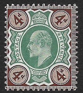 SG238 4d Deep Green & Chocolate Brown DLR Chalk Surface Paper MOUNTED MINT (Edward VII Stamps)