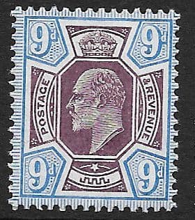 SG251a 9d Slate Purple & Ultramarine DLR Chalk Surface Paper MOUNTED MINT (Edward VII Stamps)
