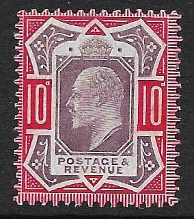 SG256 10d Dull Purple & Scarlet DLR Chalk Surface Paper MOUNTED MINT (Edward VII Stamps)