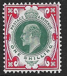 SG257a 1/- Dull Green & Carmine DLR Chalk Surface Paper MOUNTED MINT (Edward VII Stamps)