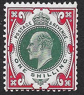 SG259 1/- Dull Green & Scarlet DLR Chalk Surface Paper Unmounted Mint (Edward VII Stamps)