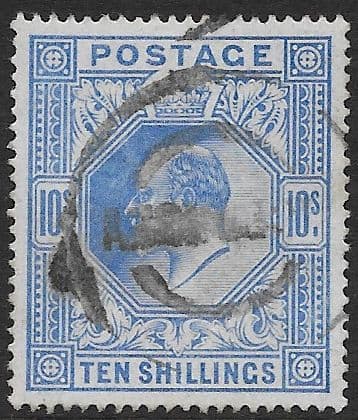 SG265  10/- Ultramarine  Used (Edward VII Stamps) (stock code E70050)