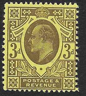 SG285 3d Purple/Lemon Harrison Perf 15x14 Printing Unmounted Mint (Edward VII Stamps)