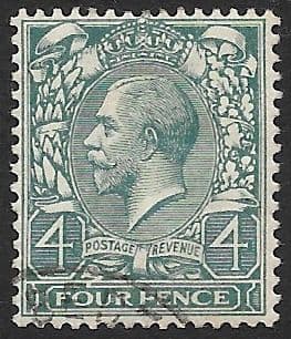 SG379 4d Grey-Green Used Royal Cypher (Simple) Watermark (King George V 1912-1924 Stamps)