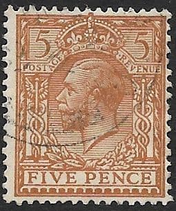 SG381 5d Brown Used Royal Cypher (Simple) Watermark (King George V 1912-1924 Stamps)