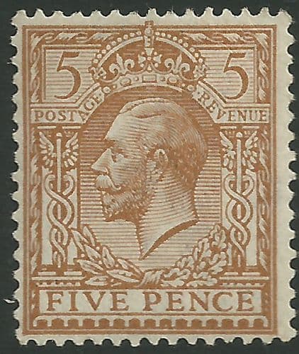 SG382 5d Yellow Brown Unmounted Mint (King George V 1912-22 Royal Cypher Watermark Stamps)
